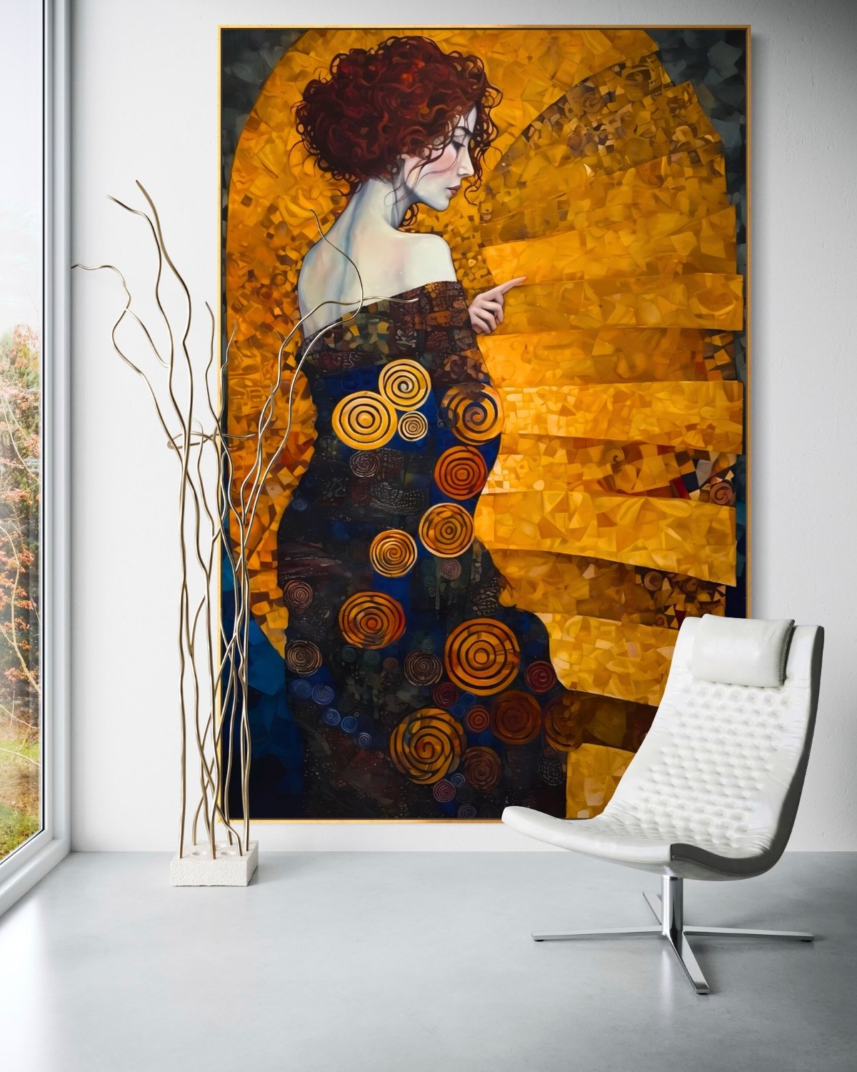 A masterpiece vertical wall art piece featuring a red-haired woman in profile, wearing a dark, spiral-patterned gown, standing before a massive golden arch of mosaic textures that follow a curved, shell-like Fibonacci path.