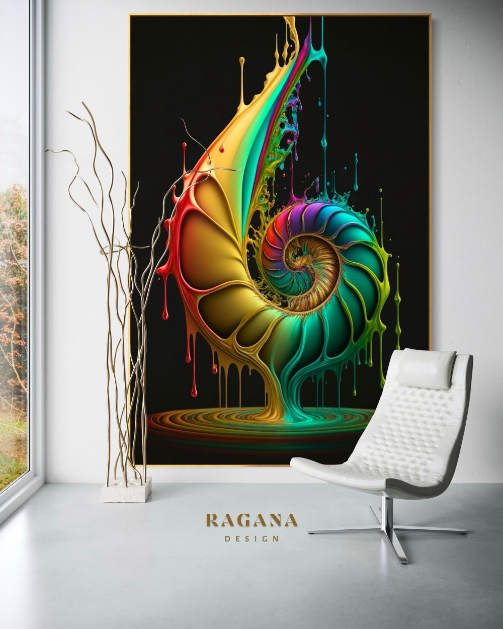 4K high-fidelity digital artifact by RAGANA Design featuring a surreal, bioluminescent Fibonacci spiral transitioning from fiery yellow and orange to electric green and turquoise, with dripping liquid neon textures against a deep obsidian background.