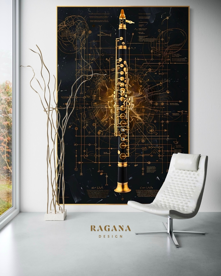4K Ultra-High Fidelity Oboe digital artifact with radiant gold Fibonacci sacred geometry overlays and intricate mathematical architectural blueprints by RAGANA Design.