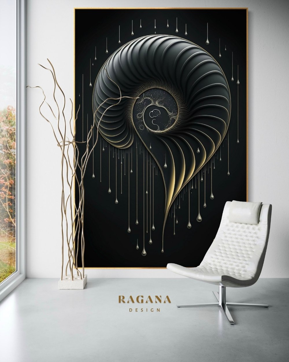 4K high-fidelity digital artifact by RAGANA Design featuring a three-dimensional grey and gold Fibonacci nautilus shell with liquid droplets falling vertically on a matte obsidian background