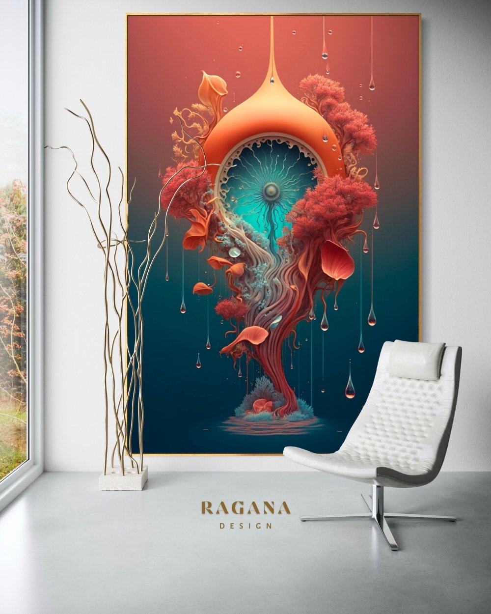 4K high-fidelity digital artifact by RAGANA Design featuring a surreal, organic vertical structure shaped like a seed or an eye, with a glowing turquoise core and intricate red-orange coral-like foliage, surrounded by falling liquid droplets against a deep teal gradient background.