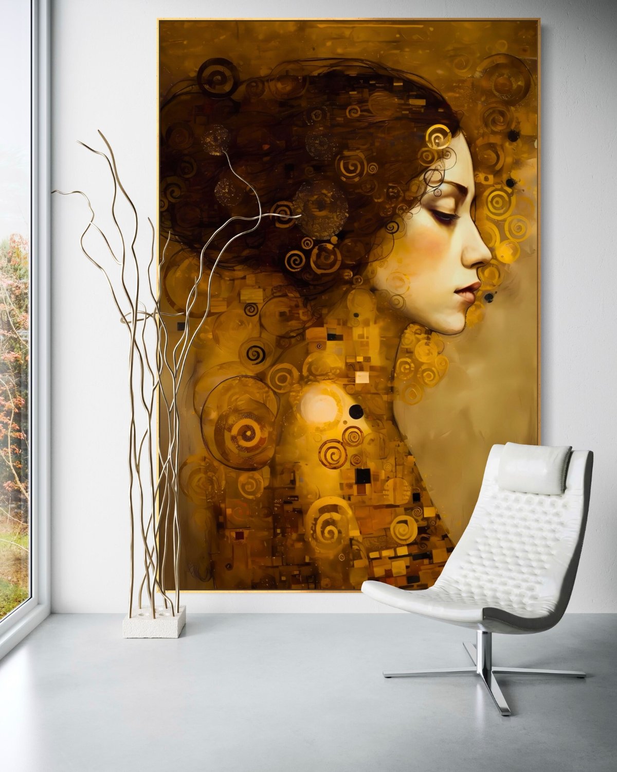 A vertical luxury art piece showing a feminine face in gold leaf with complex sacred geometry patterns and a finger to the lips, inspired by Gustav Klimt, presented in a high-end modern interior.
