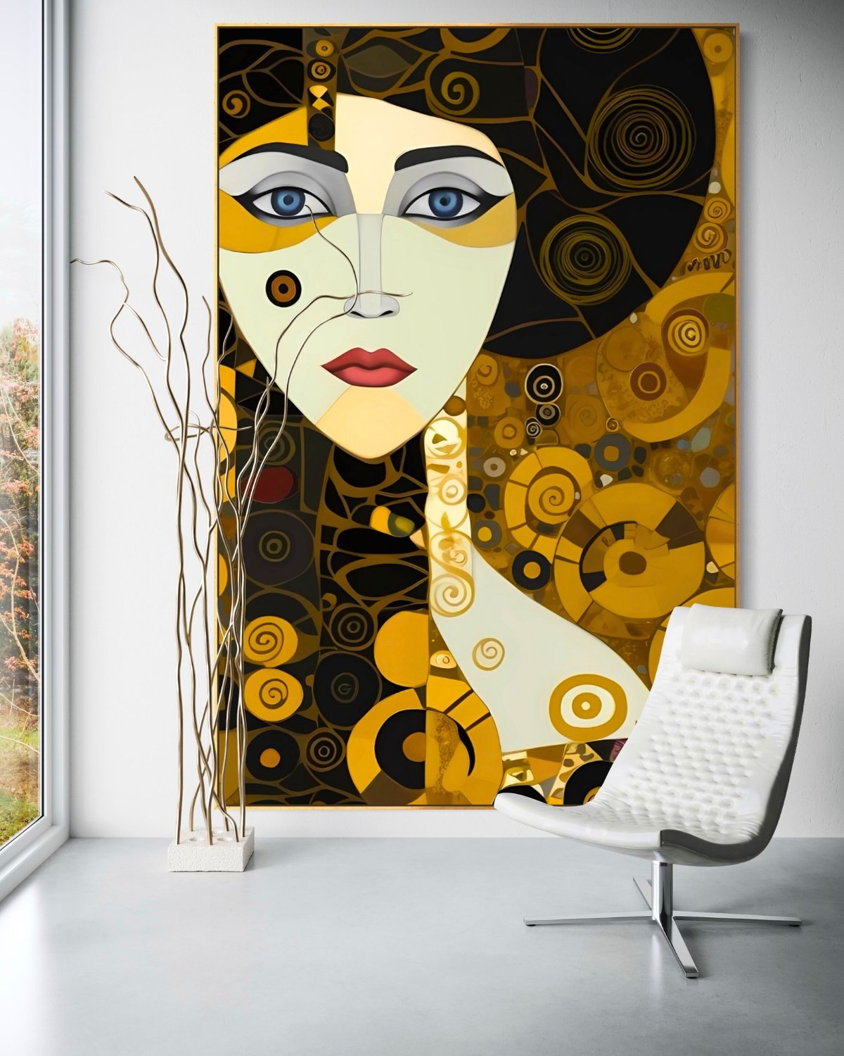 A large-scale vertical luxury art piece featuring a symmetrical, stylized face inspired by Gustav Klimt, with striking blue eyes and gold geometric patterns, set against an intricate background of golden spirals and obsidian shapes.
