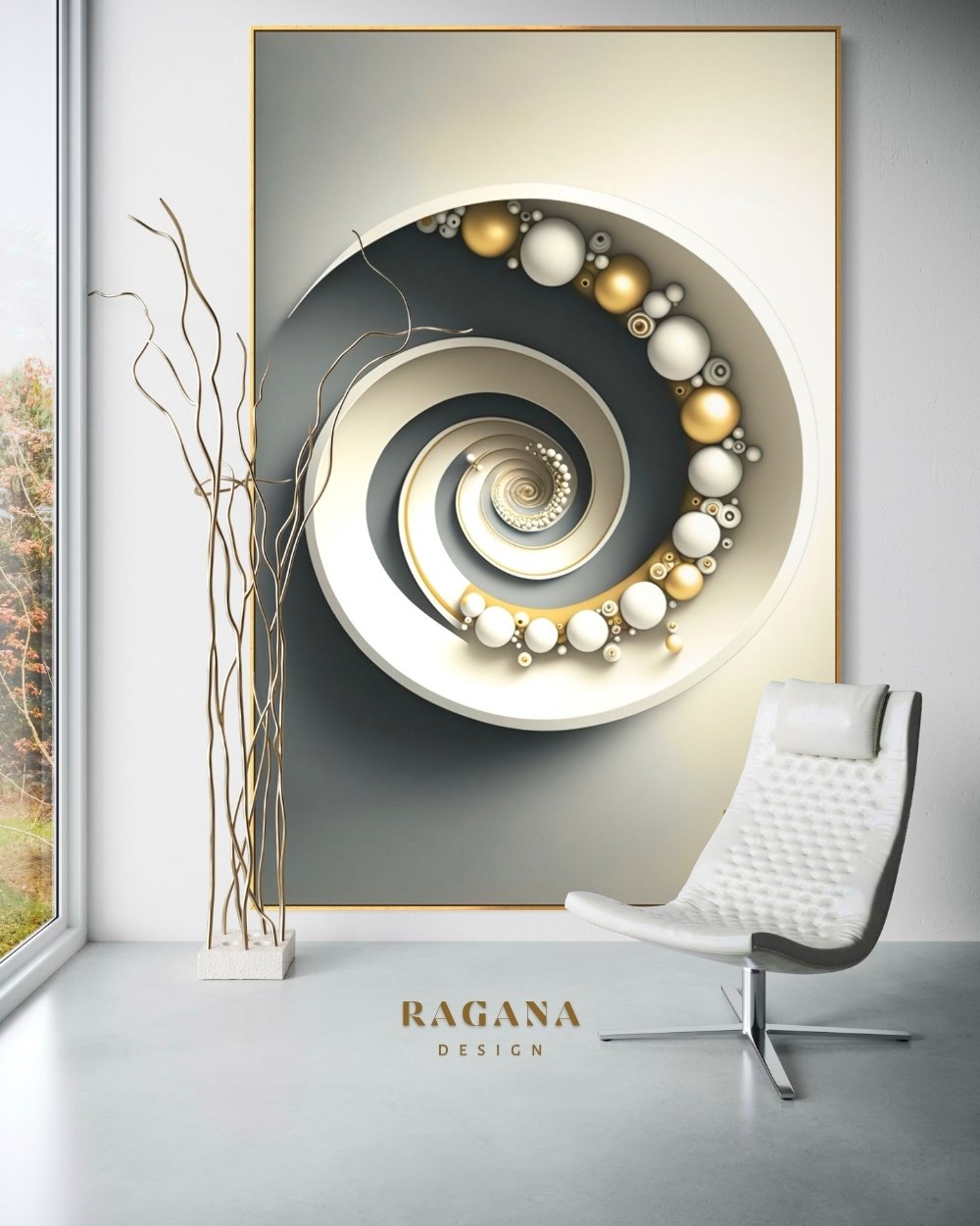4K high-fidelity digital artifact by RAGANA Design featuring a minimalist white and charcoal Fibonacci spiral adorned with various sizes of pearl-white and polished gold spheres orbiting the curve, set against a soft gradient background.