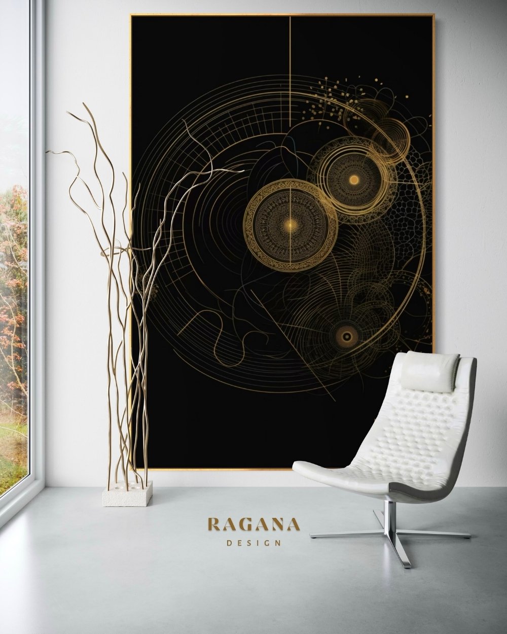 4K high-fidelity digital artifact by RAGANA Design featuring complex golden concentric circles, radial grids, and interlocking orbital webs with glowing central nodes on an obsidian background