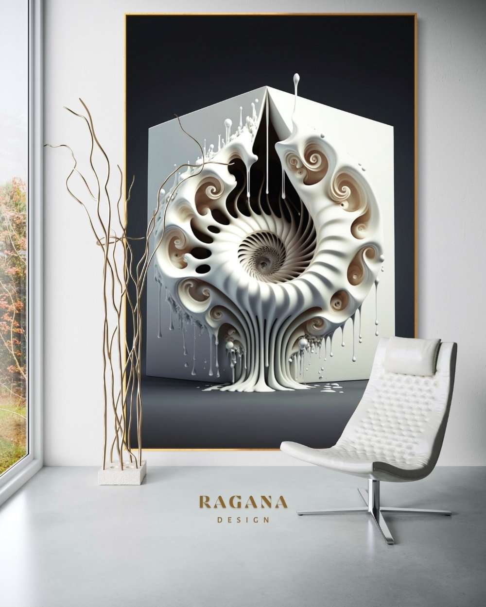 4K high-fidelity digital artifact by RAGANA Design featuring a massive, matte-white Fibonacci monolith with intricate, melting porcelain-like textures and internal spiraling ridges, set against a deep obsidian background.