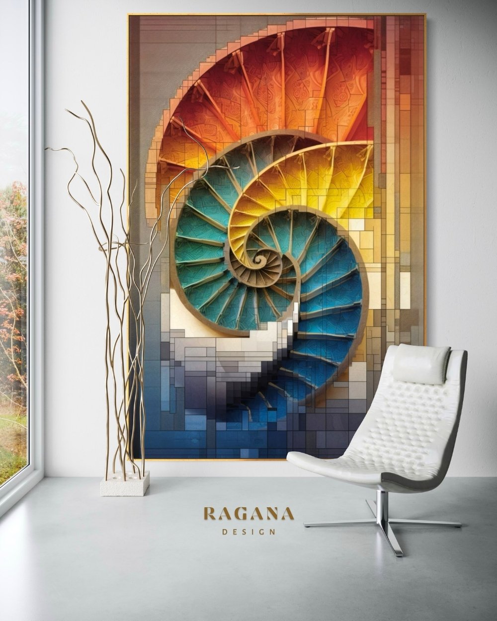 4K high-fidelity digital artifact by RAGANA Design featuring a vertical Fibonacci spiral designed as an architectural staircase, composed of a pixelated mosaic in fiery reds, oranges, and deep cerulean blues, set against a grey technical background.