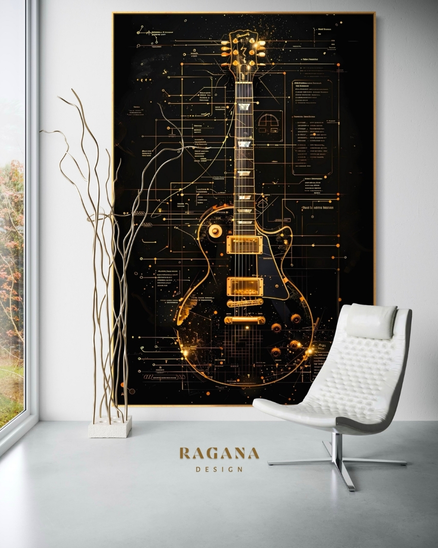 4K UHD Electric Guitar digital artifact with intricate gold Fibonacci sacred geometry overlays and mathematical architectural blueprints by RAGANA Design.