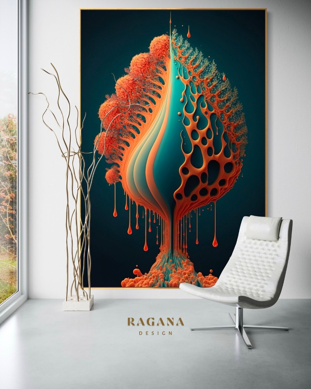 4K high-fidelity digital artifact by RAGANA Design featuring a surreal, flame-like vertical structure in vibrant orange and deep teal, with porous, coral-like textures and dripping liquid elements against a dark, minimalist background.