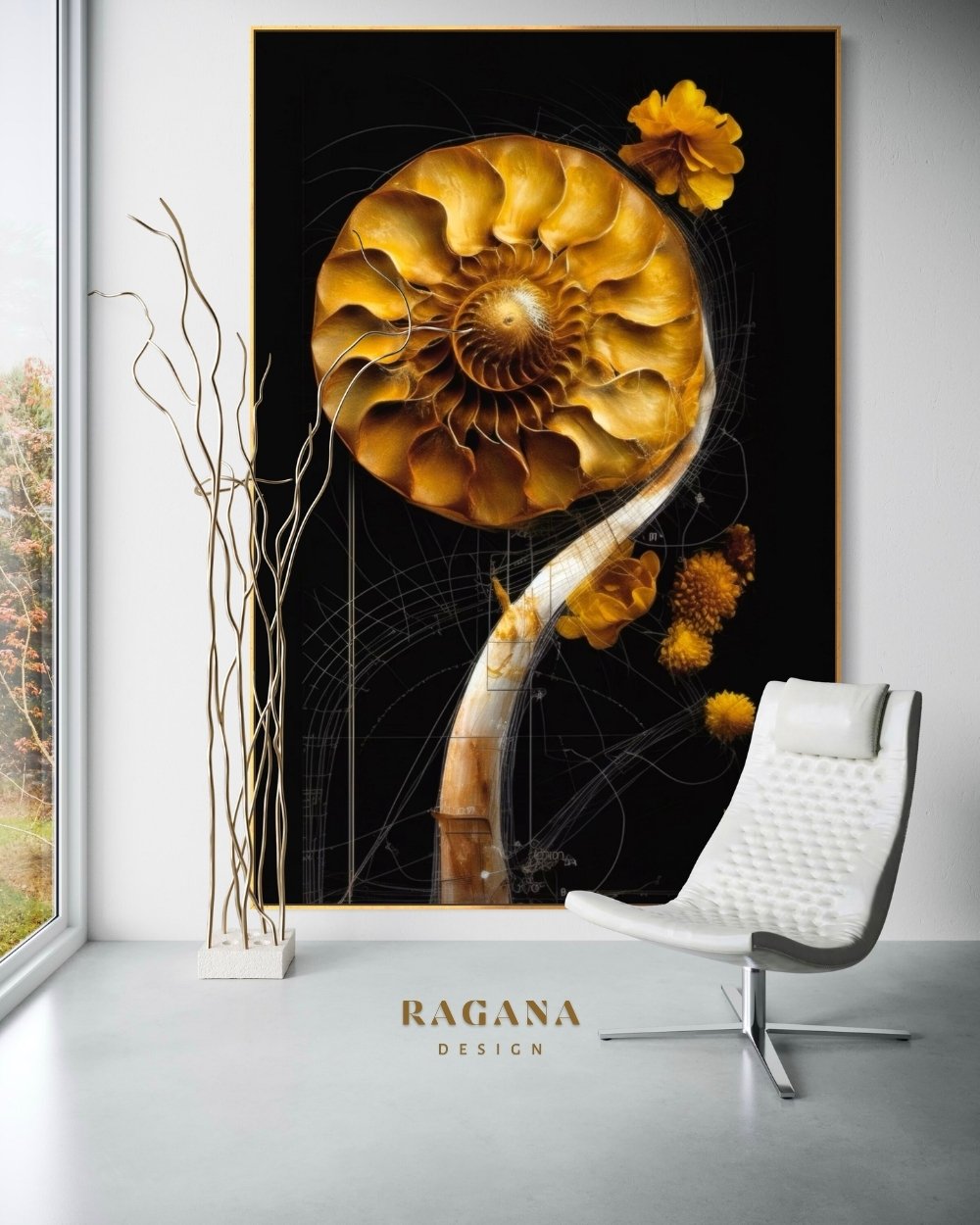4K high-fidelity digital artifact by RAGANA Design featuring a golden, sun-like Fibonacci blossom with intricate petal layers, connected to a sturdy organic stem on a dark blueprint background with white mathematical sketching and sacred geometry notations.