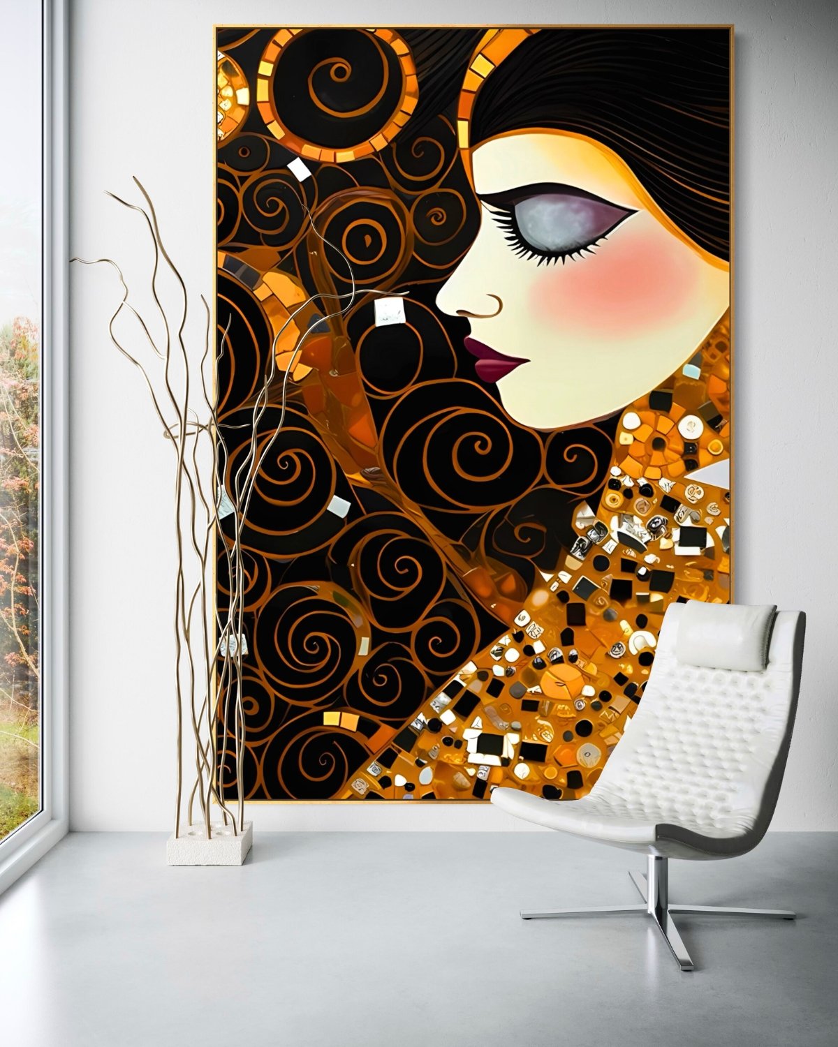 A luxury vertical wall art piece featuring a stylized Gustav Klimt-inspired woman with an alabaster face, draped in a mosaic gown of gold, amber, and turquoise spirals, set against a dark obsidian background with delicate Fibonacci swirls.