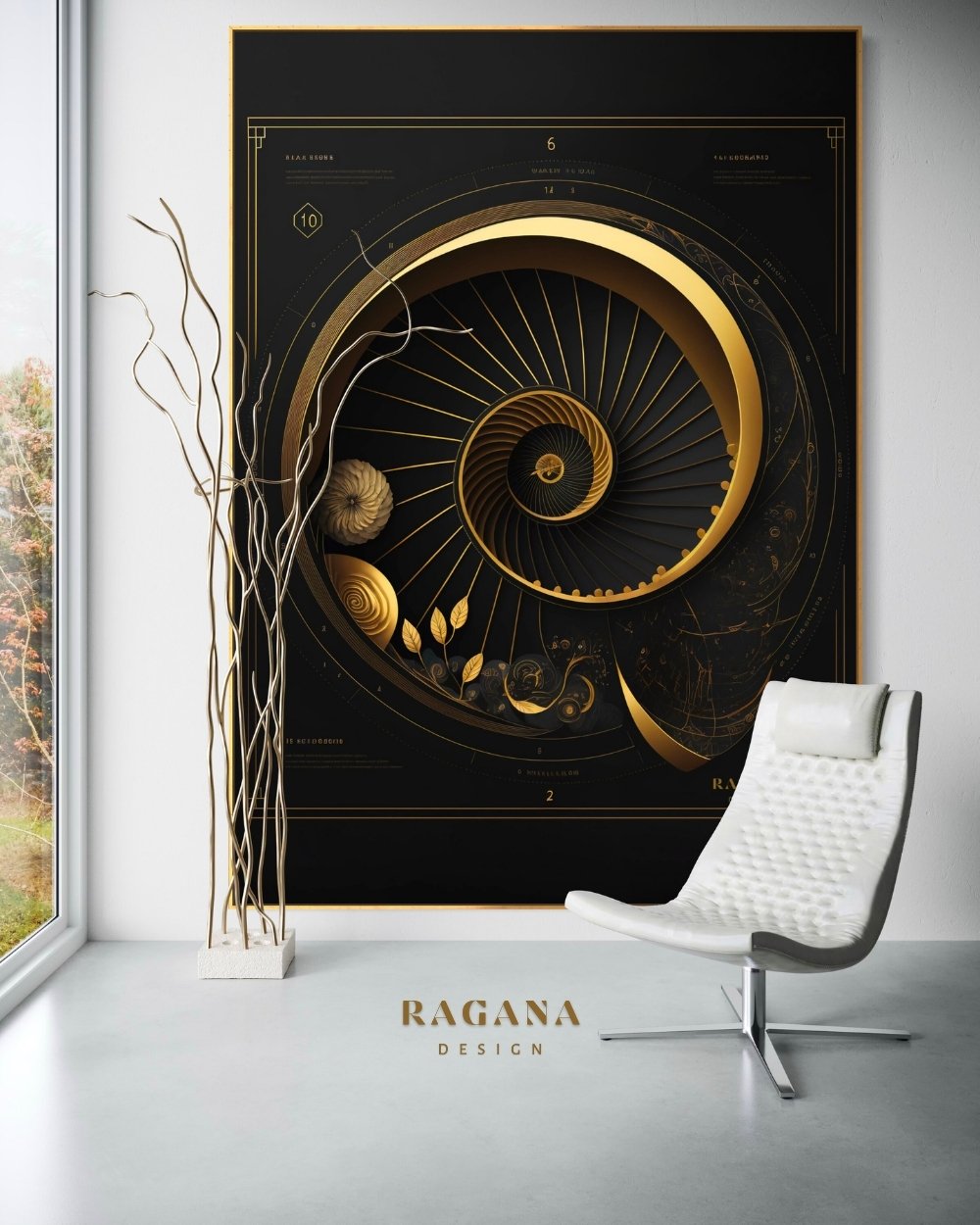 4K high-fidelity digital artifact by RAGANA Design featuring a golden three-dimensional Fibonacci spiral integrated with delicate golden leaves and botanical textures on a deep obsidian canvas with technical notations