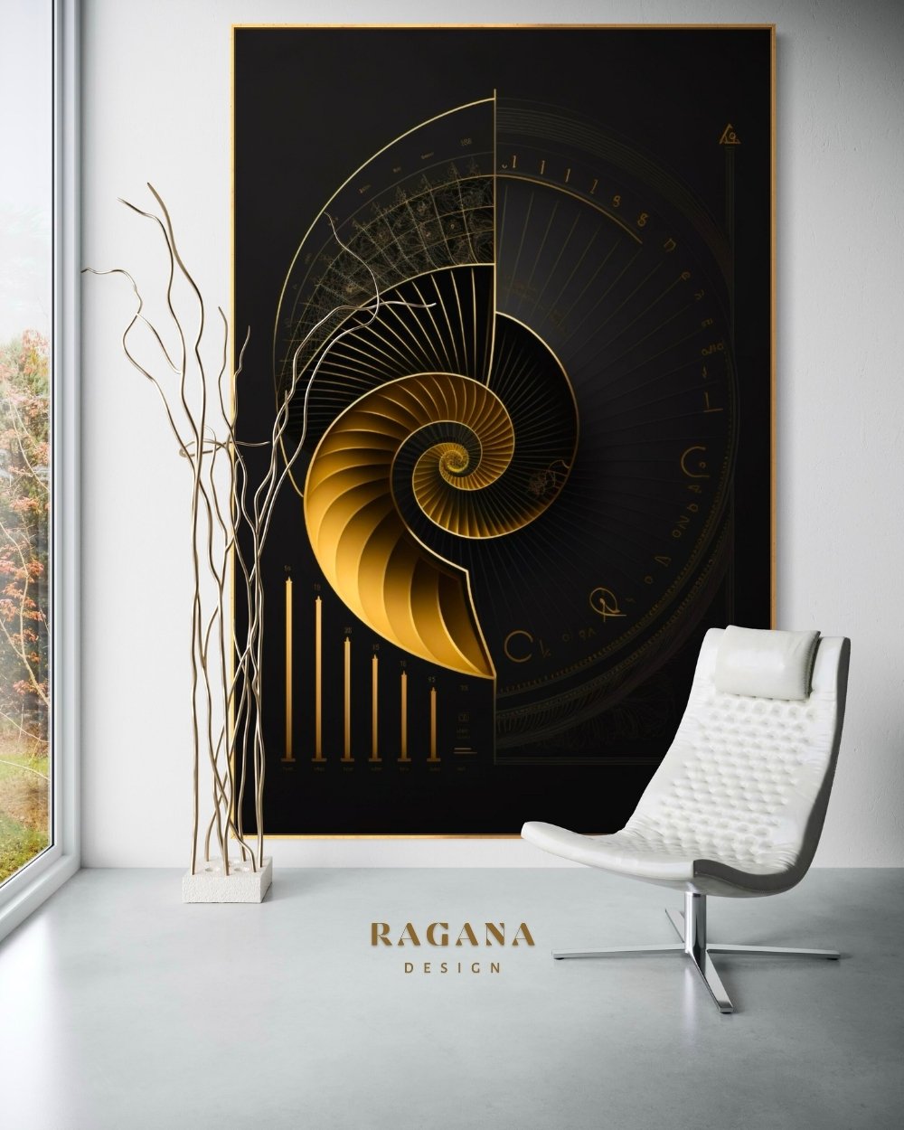 4K high-fidelity digital artifact by RAGANA Design featuring a golden Fibonacci spiral integrated with a vertical gold bar chart and a technical radial dial with numerical notations on an obsidian background