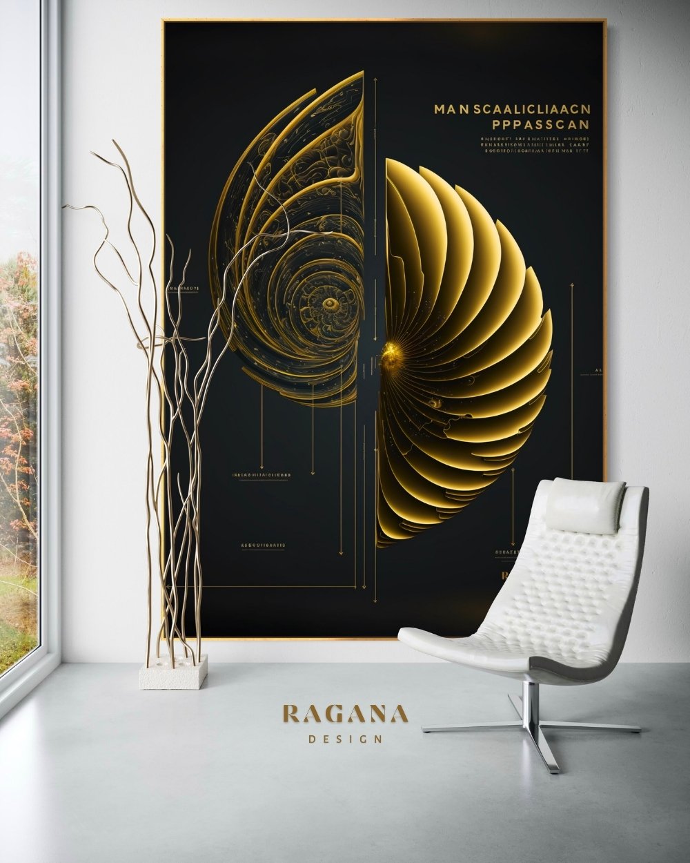 4K high-fidelity digital artifact by RAGANA Design featuring a vertically split Fibonacci nautilus, revealing an intricate golden skeletal wireframe on the left and solid metallic golden fins on the right, set against an obsidian background with technical notations