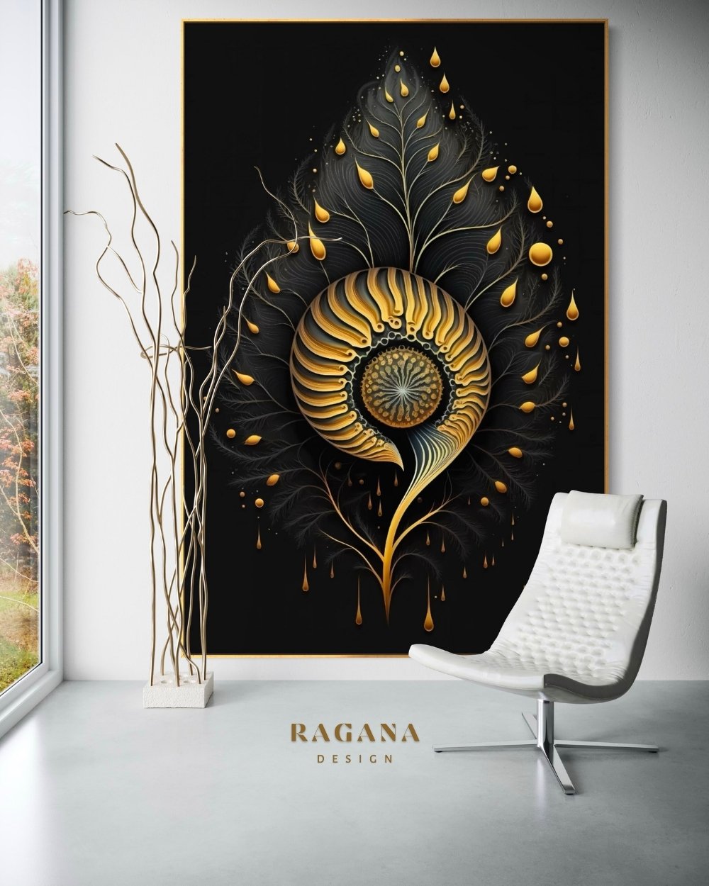 4K high-fidelity digital artifact by RAGANA Design featuring a central golden segmented Fibonacci pod nestled within a feathered obsidian and gold leaf structure on a matte black background
