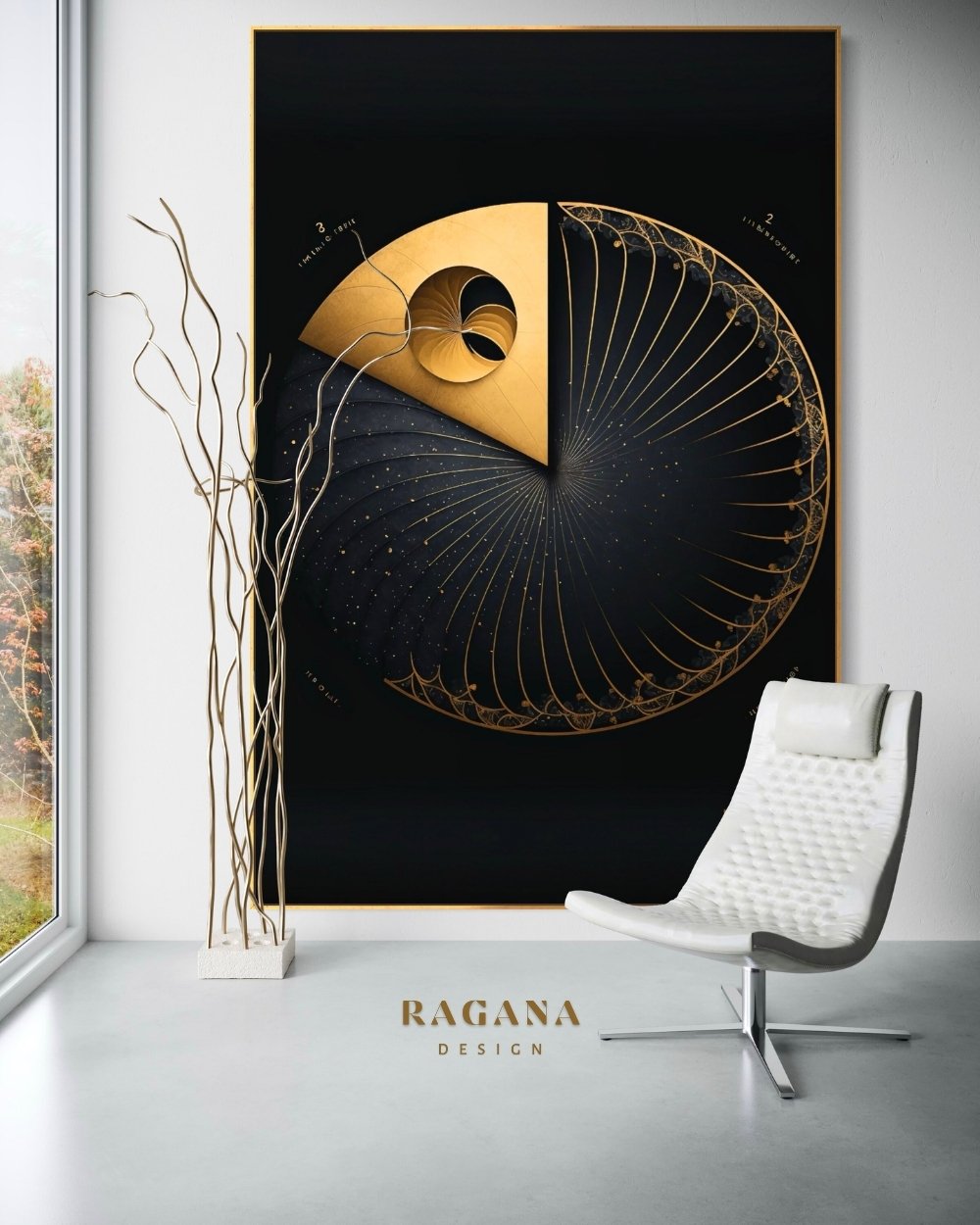 4K high-fidelity digital artifact by RAGANA Design featuring a large golden radial geometric sundial with a single fanned Fibonacci section and intricate technical notations on a matte obsidian background