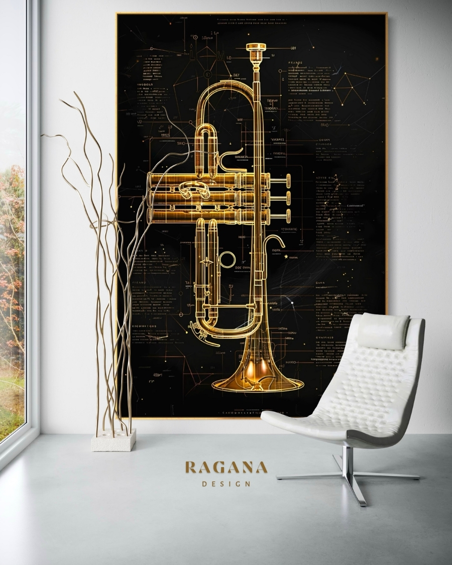 4K Ultra-High Fidelity Golden Trumpet digital artifact featuring complex Fibonacci technical overlays and sacred geometry architectural blueprints by RAGANA Design.
