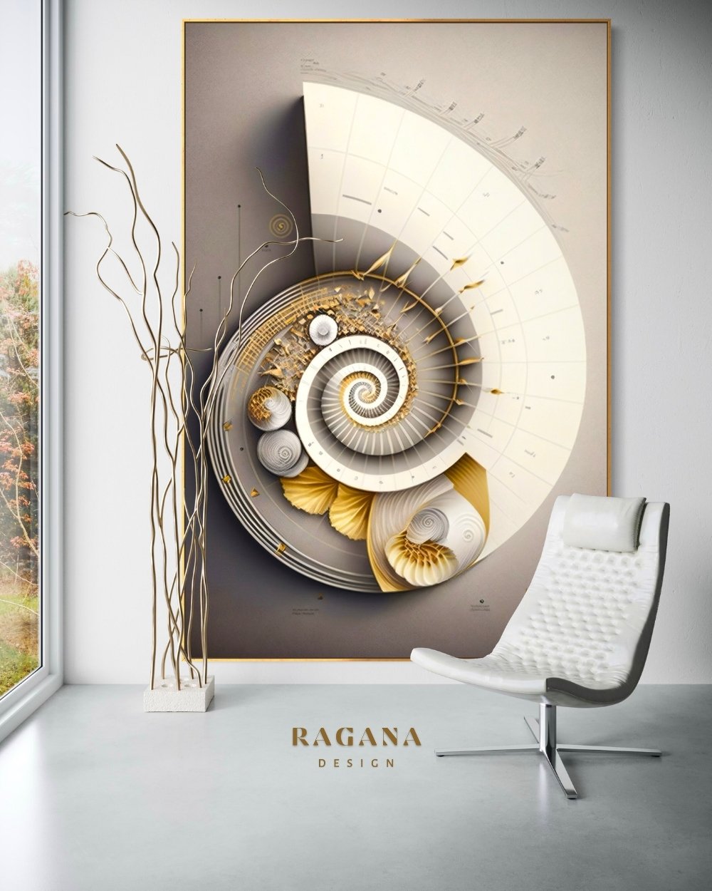 4K high-fidelity digital artifact by RAGANA Design featuring a complex Fibonacci spiral integrated into a musical staff with literal notation, golden rose-like textures, and a technical white grid on a warm grey and cream background.
