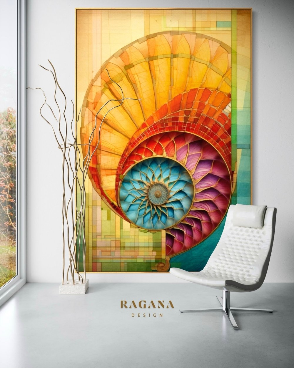 4K high-fidelity digital artifact by RAGANA Design featuring a massive Fibonacci spiral with a stained-glass mosaic texture, transitioning from vibrant yellows and oranges to deep magenta and electric turquoise, set against a geometric technical background.