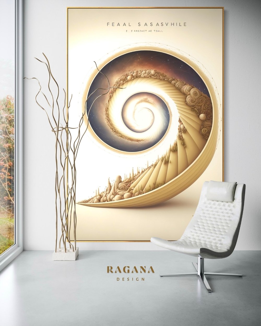 4K high-fidelity digital artifact by RAGANA Design featuring a surreal, cream-colored Fibonacci spiral that forms an ascending staircase made of intricate, organic formations, leading into a glowing celestial void at the center, set against a light minimalist background.