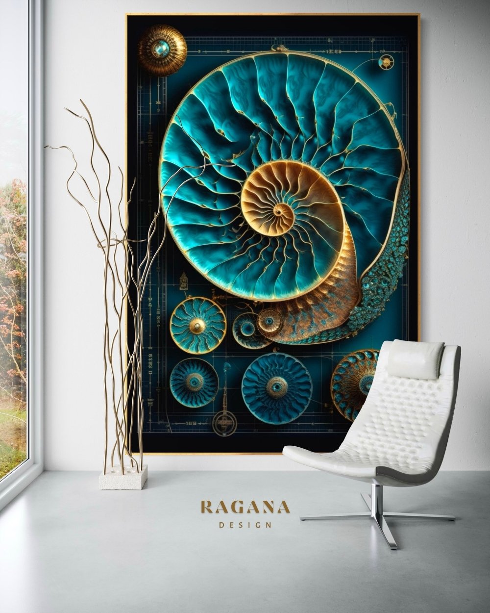 4K high-fidelity digital artifact by RAGANA Design featuring a large, vibrant teal and turquoise nautilus shell with golden filigree, accompanied by smaller gear-like geometric shells on a dark blueprint background with technical mathematical notations.