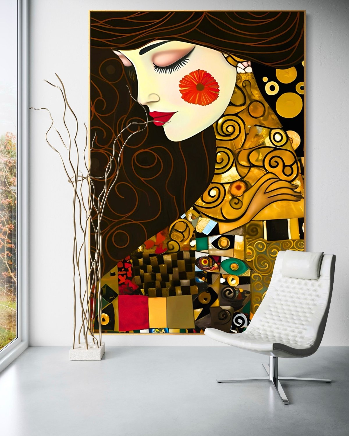 A luxury vertical wall art piece featuring a serene, stylized woman in profile with eyes closed, wearing a vibrant red flower on her cheek and an intricate gold mosaic gown filled with Fibonacci spirals and geometric patterns, set against a dark background.