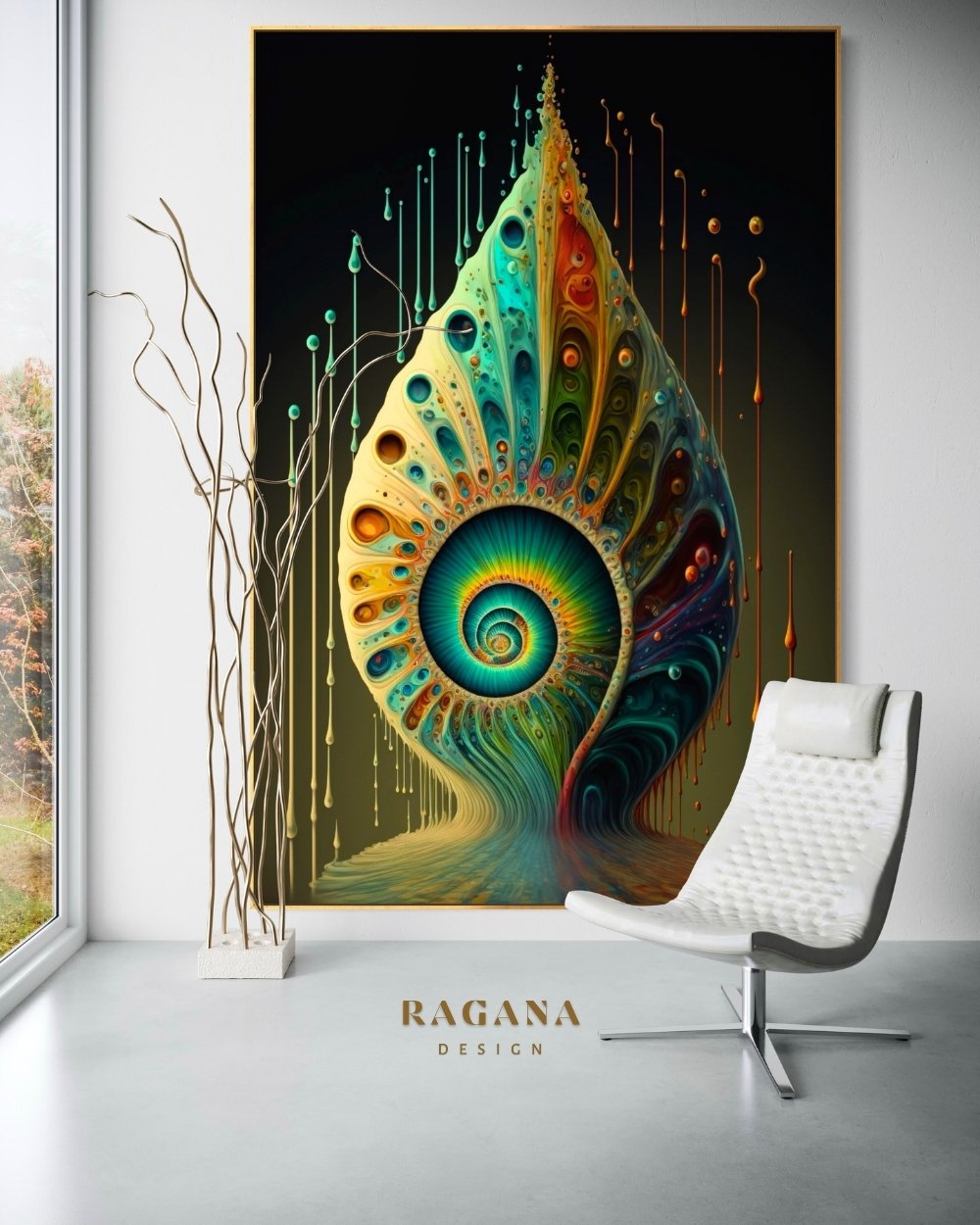 4K high-fidelity digital artifact by RAGANA Design featuring a vertical, teardrop-shaped Fibonacci structure with an electric green and turquoise spiral core, surrounded by porous, honeycombed textures in amber and orange, set against a dark, dripping neon background.