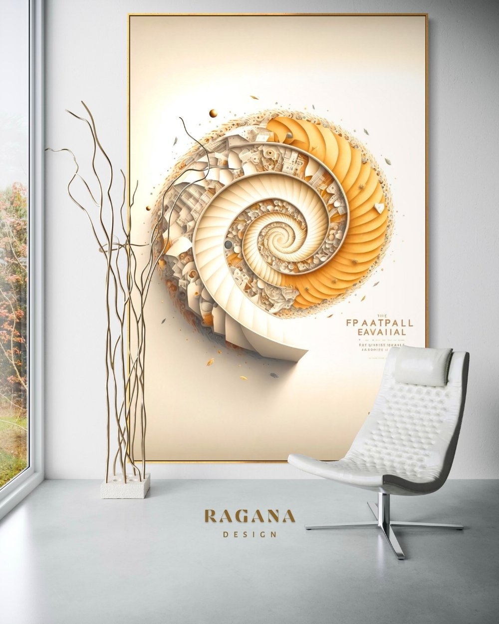 4K high-fidelity digital artifact by RAGANA Design featuring a massive, cream and amber-toned Fibonacci vortex that integrates intricate architectural ruins, stone carvings, and ancient cityscapes into its spiraling structure, set against a light, minimalist background.