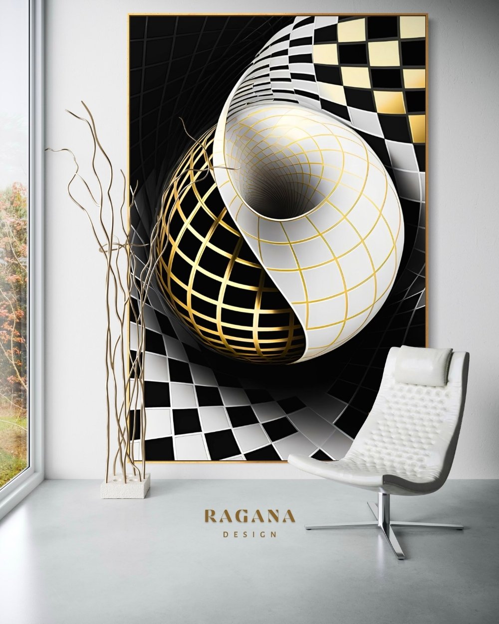 4K high-fidelity digital artifact by RAGANA Design featuring a surreal Fibonacci vortex constructed from a white and black checkered grid with golden wireframe accents, spiraling into a central dark void on a minimalist background.