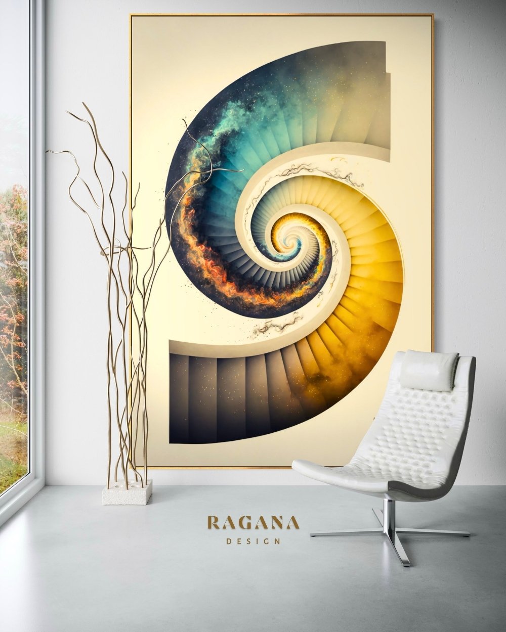 4K high-fidelity digital artifact by RAGANA Design featuring a surreal, cream-toned Fibonacci staircase that spirals into a central core, with one half of the curve engulfed in deep oceanic blue energy and the other in radiant solar fire, set against a minimalist background.