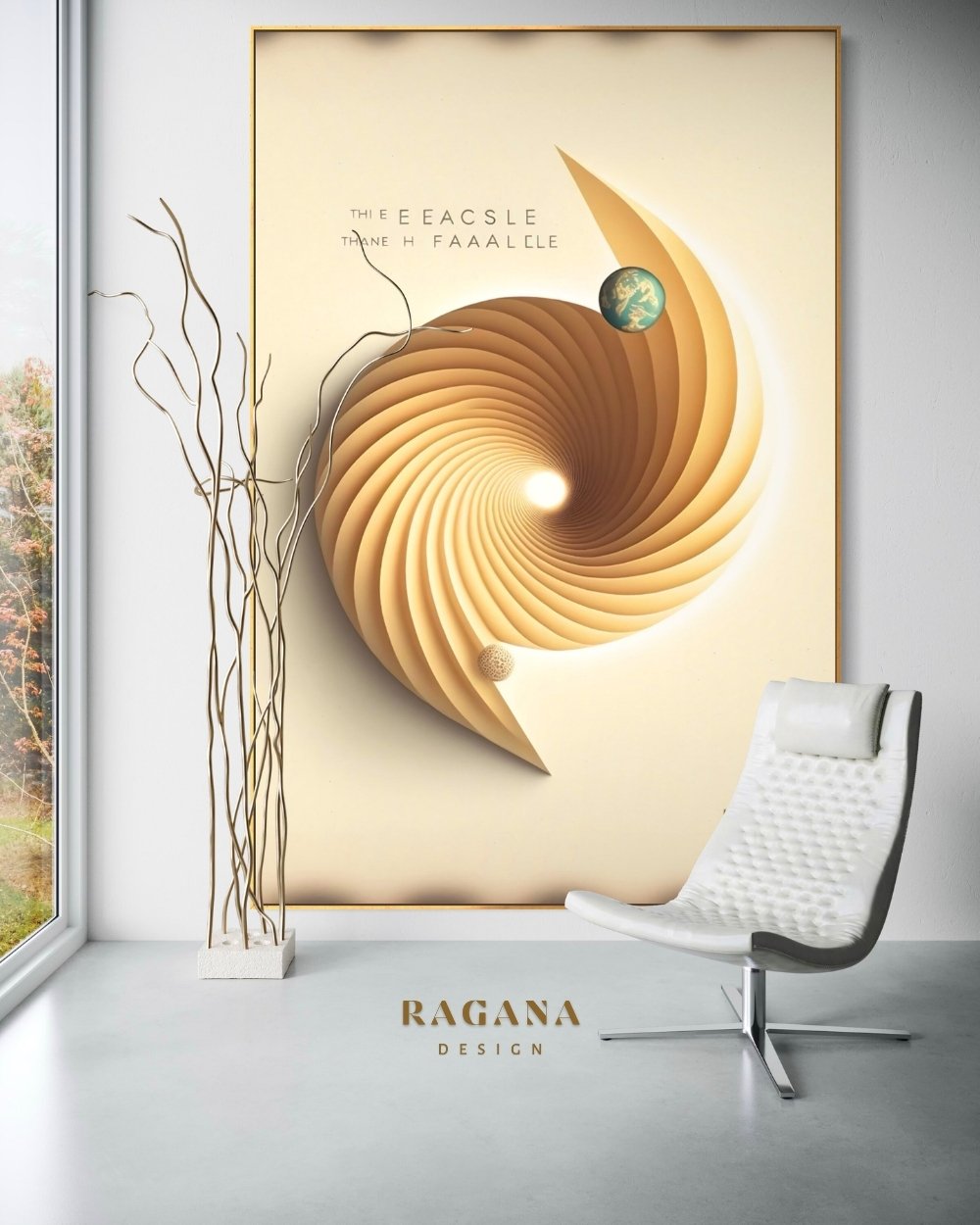 4K high-fidelity digital artifact by RAGANA Design featuring a surreal, cream-toned Fibonacci vortex spiraling toward a central light, with two small planetary spheres orbiting the curve, set against a minimalist parchment-colored background.