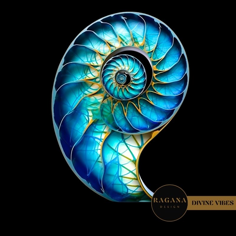 A stunning azure blue nautilus shell with intricate golden filigree and Fibonacci geometric highlights.