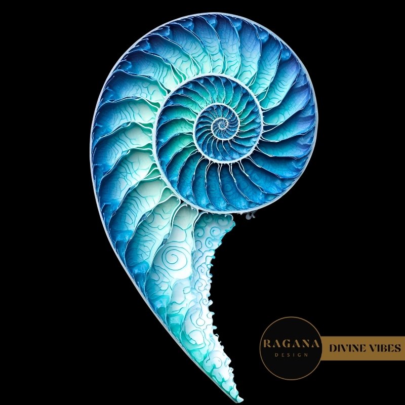 A translucent teal crystalline nautilus shell featuring a sharp Fibonacci crest and geometric light refractions.