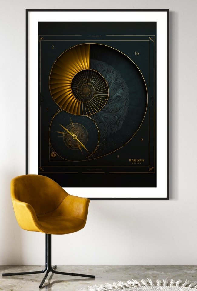 A sophisticated executive office wall print featuring a complex golden Fibonacci spiral on a deep emerald and obsidian background by RAGANA Design.