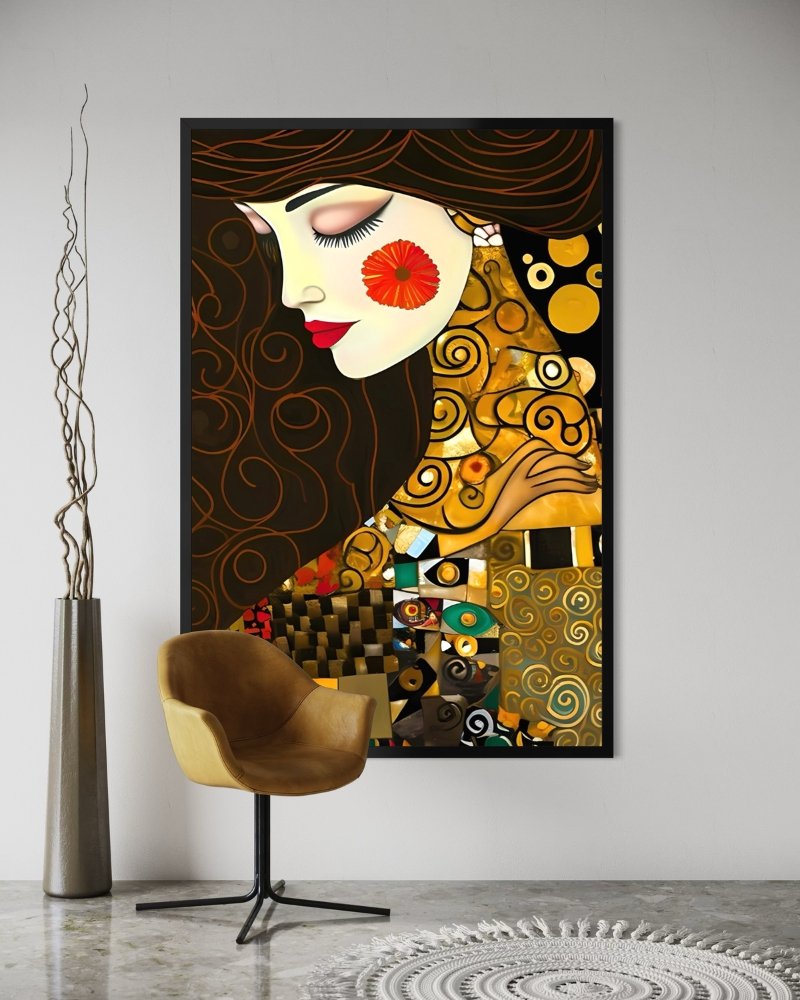 Klimt Fibonacci Art Collection, Dali Fibonacci Art Collection, High Fidelity Digital Masterpieces A minimalist designer lounge featuring a black modern lounge chair, a golden side table, and a sleek floor lamp, showing a clean gallery wall ready for a RAGANA Gustav Klimt Reimagined artifact. Fibonacci Fine Art Investment. Architecture of Divinity