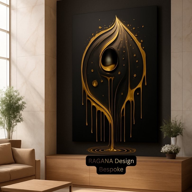 Exclusive Digital Art Collection, Fine Art Digital Downloads, Sacred Geometry Patterns for Design, High Resolution Fibonacci Art, Boutique Digital Art Gallery. Surrealist digital art featuring melting liquid gold forming a sacred geometric eye on a dark background.