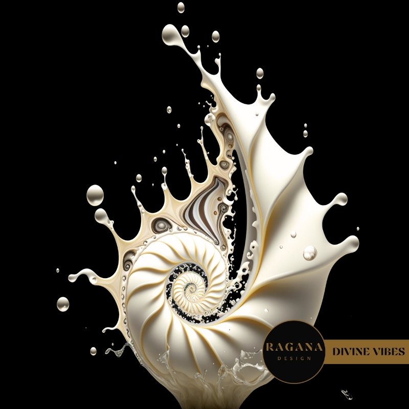 High Fidelity Video Loops Sacred Geometry.A dynamic ivory liquid splash forming a perfect Fibonacci nautilus spiral with golden geometric details.v