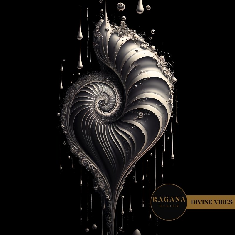 An intricate obsidian heart-shaped spiral with flowing liquid silver Fibonacci lines and drips.