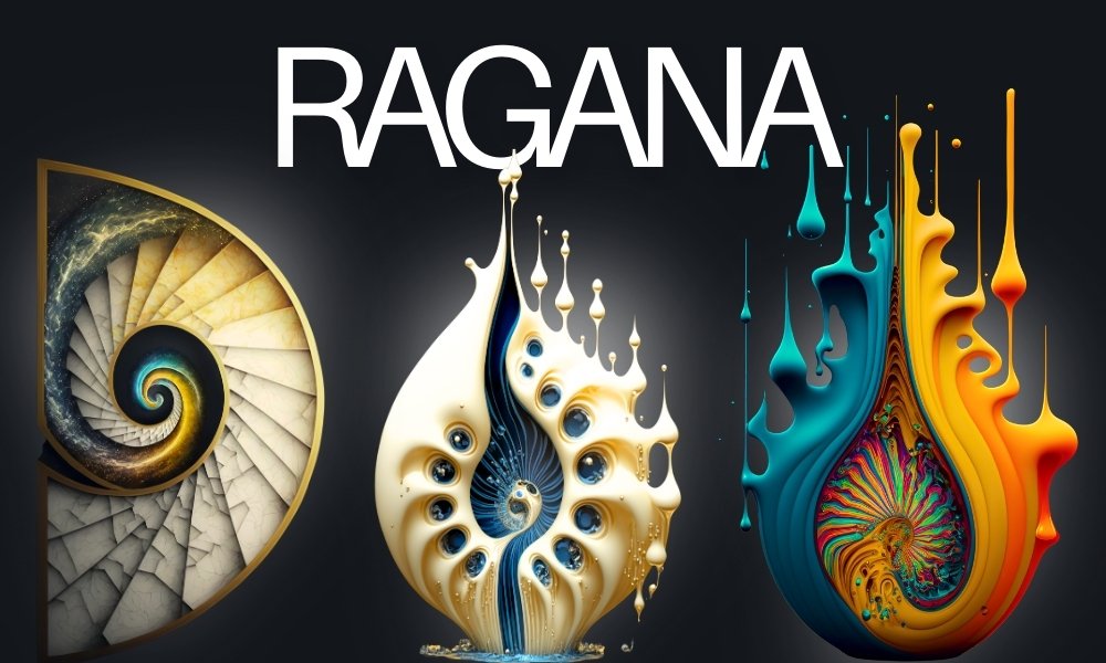 A majestic triptych featuring a stone-carved celestial spiral, a molten ivory vortex, and a vibrant chromatic energy drip under the RAGANA brand.
