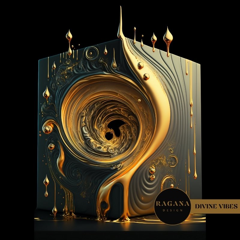 A massive obsidian cube with a molten gold Fibonacci vortex pulling inward, representing deep harmonic focus.